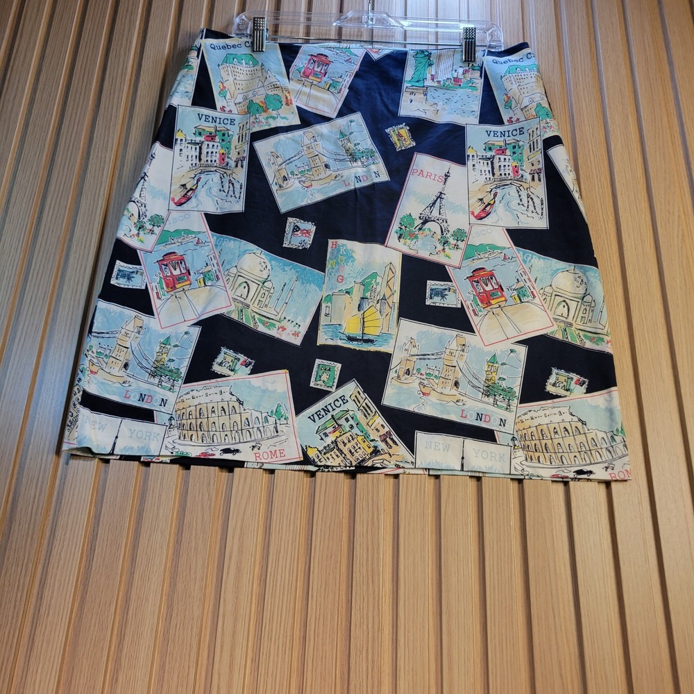 Talbots Womens Blue Travel Postcard Print A-Line Skirt Paris London Venice 14